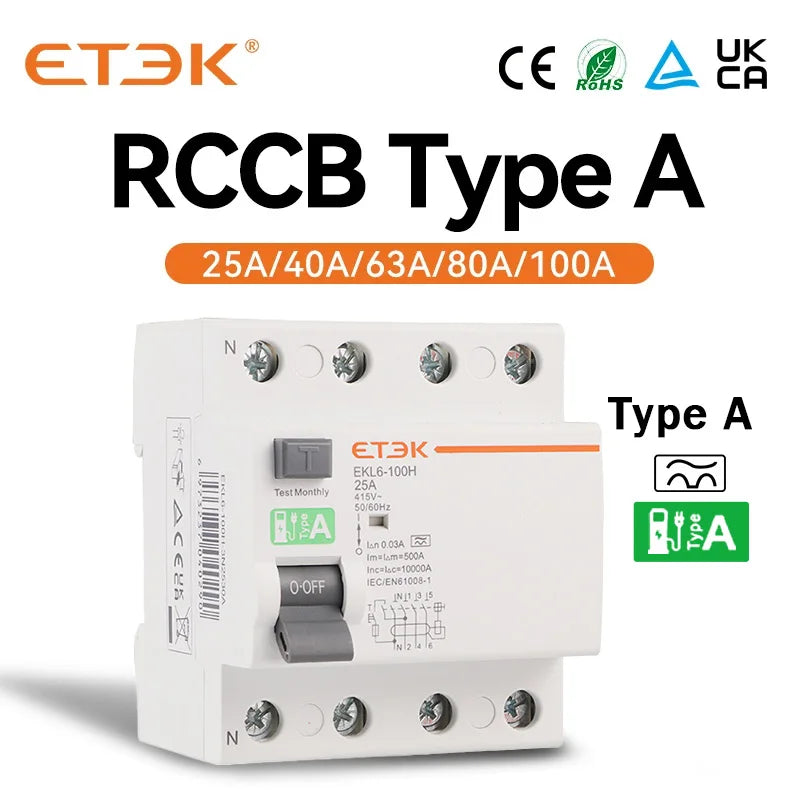 ETEK A Type RCCB 30mA Residual current circuit Breaker 2P(1P+N) RCD 25A 32A 40A 63A 10KA EKL6-100H