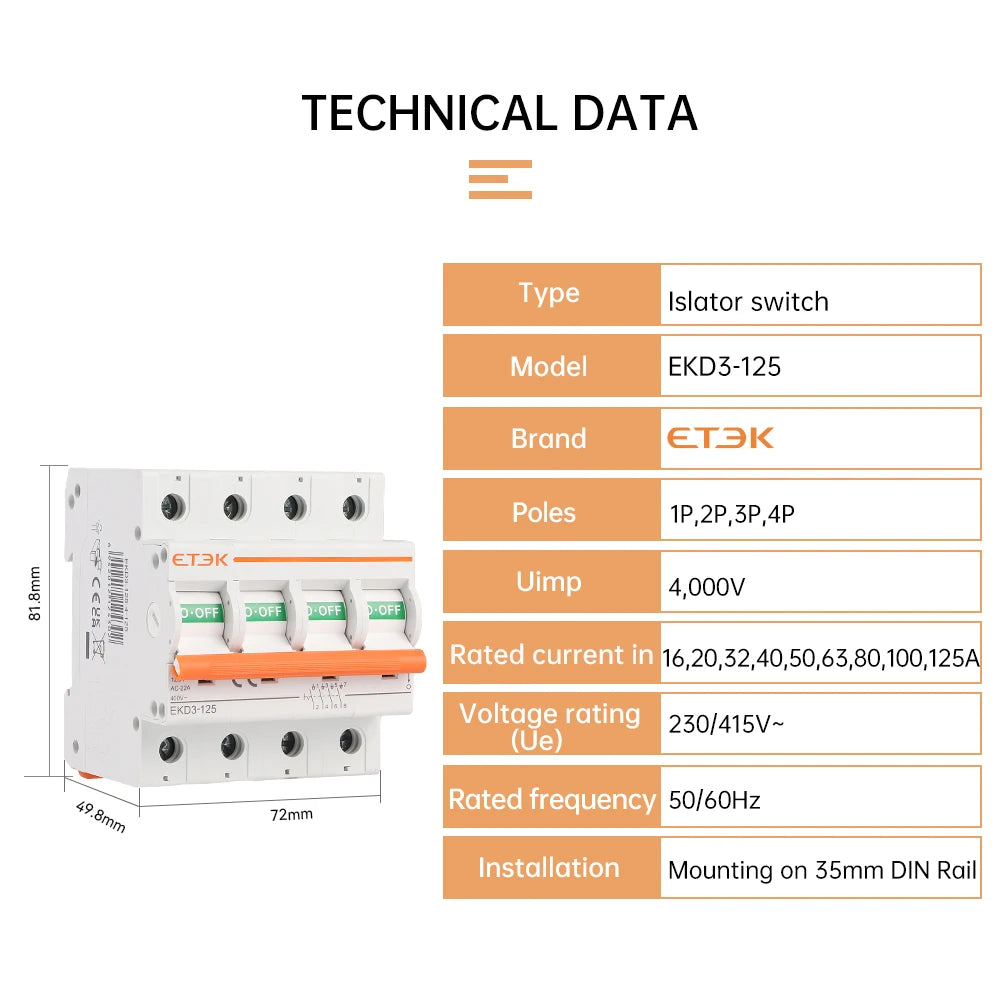 ETEK  Isolater Switch AC 125A Low Voltage 50Hz 1,2,3,4 pole 240/415V High Current Electrical Isolation Switch EKD3