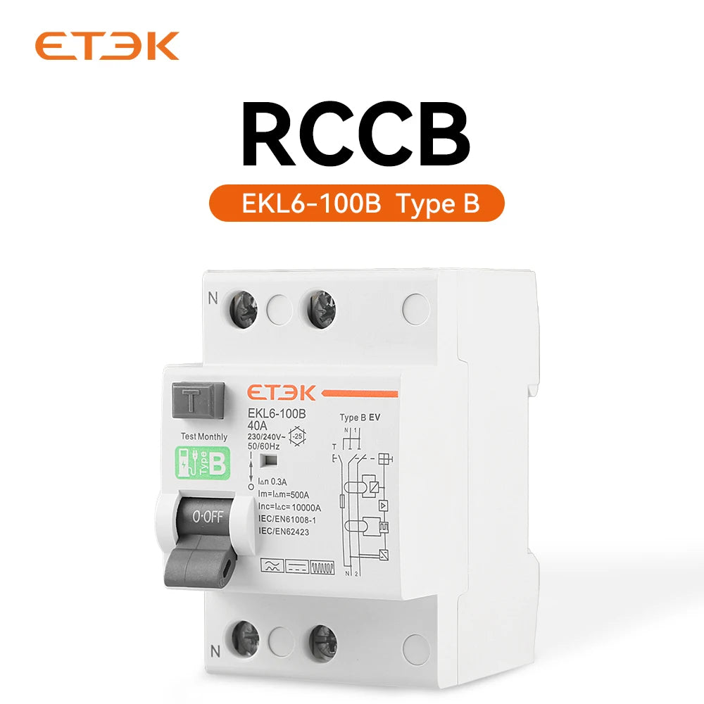 ETEK RCD RCCB Type B Earth Leakage Residual Current Circuit Breaker Evse 2P 4P 40a 63a 100a 30ma 300mA EKL6-100B Din Rail 220V