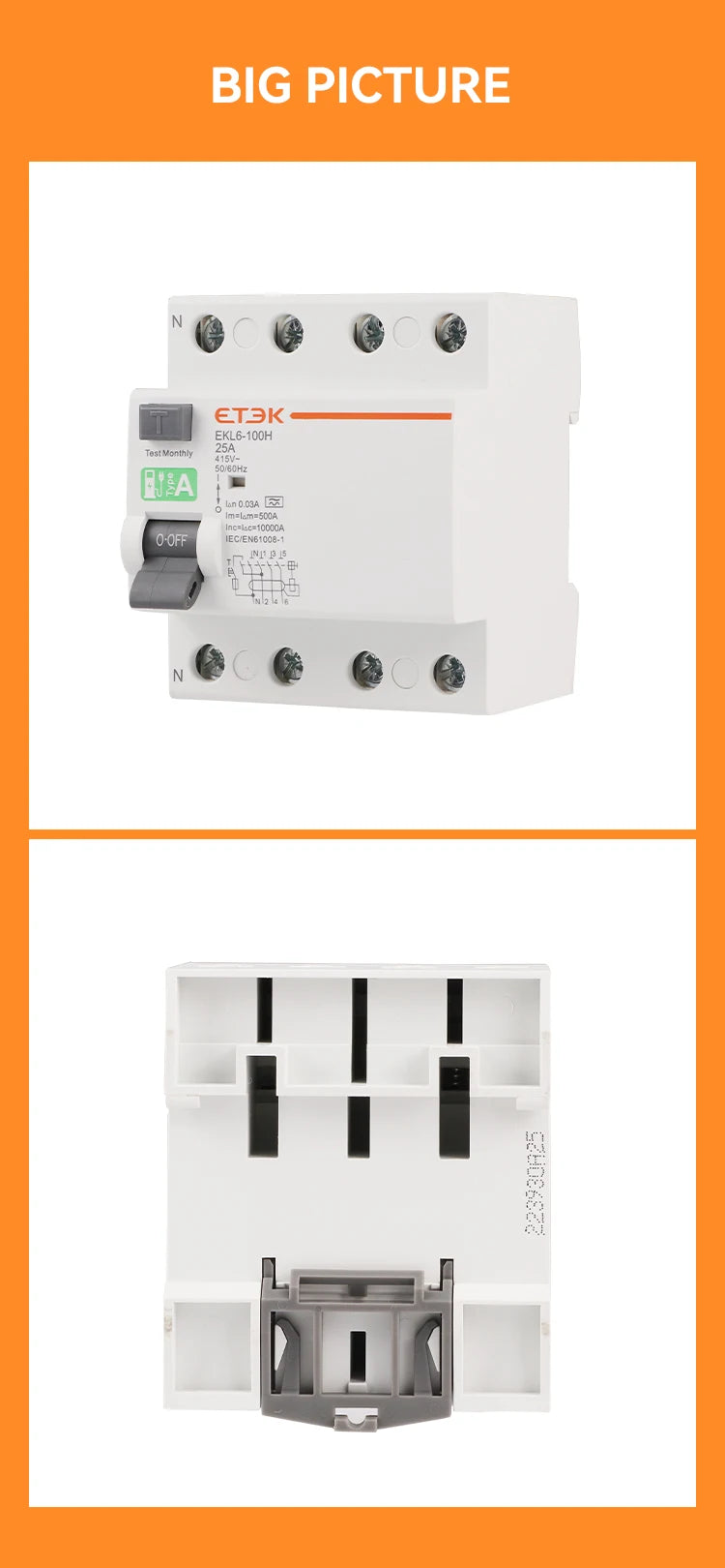 ETEK Type A RCD RCCB Electromechanic Residual Current Circuit Breaker 30ma 2 Pole10KA 3P+N 4P 40A DC 230V EKL6-100H