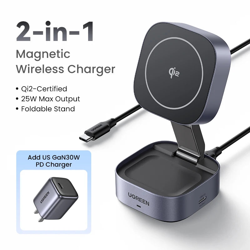 UGREEN Qi2/Qi Magnetic Wireless Charger Stand 15W 2-in-1 Charging Stand For iPhone 16 17 Pro Max/AirPods MagSafe Fast Charger