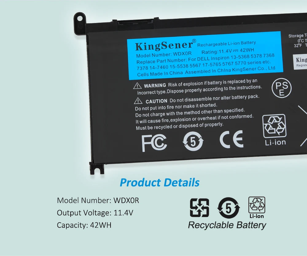 KingSener WDXOR Laptop Battery For DELL Inspiron 14 5368 5567 7560 5767 7472 7460-d1525s 7368 7378 5565 Latitude 3488 3580 WDX0R
