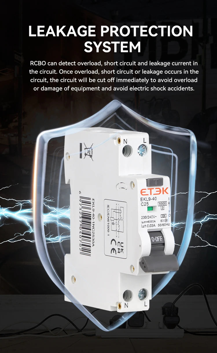ETEK 6KA 1P+N 2P 10A 16A Curve B 30mA RCBO Type A Intrinsic Safety Residual Current Automatic Circuit Breaker  EKL9-40