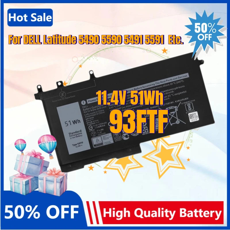 51Wh 93FTF Replacement Laptop Battery for Dell Latitude 5280 5480 5290 5580 5490 5590 E5480 P60F P72G 083XPC 4YFVG Bateria 11.4V