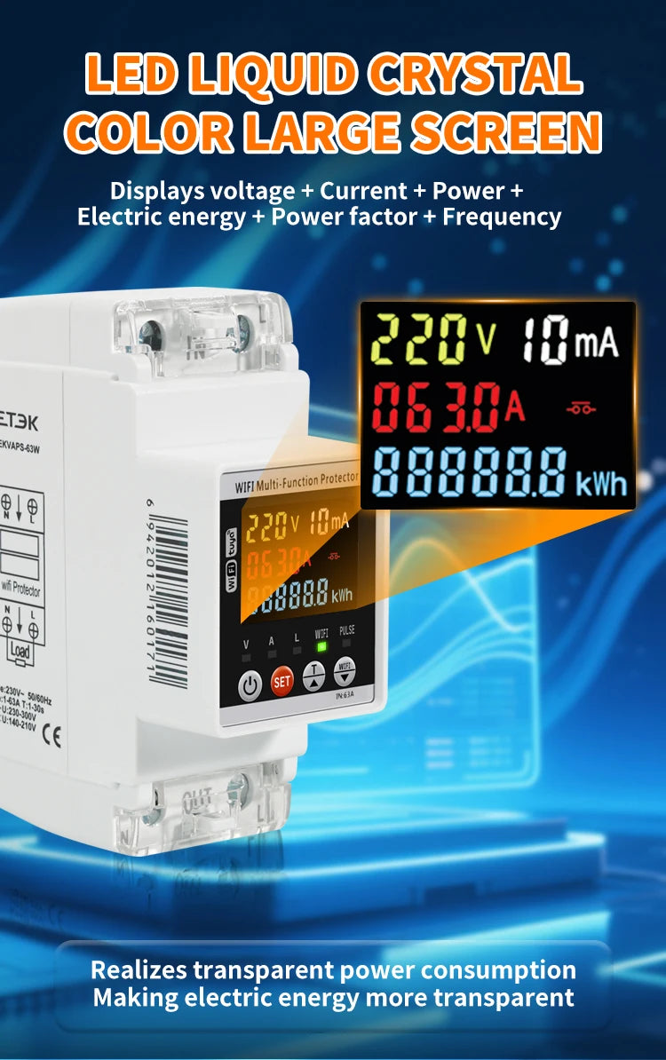 ETEK Smart Kwh Metering Circuit Breaker Adjustable 2P 63A 110V 220V with voltage Current and leakage protection Meter EKVAPS