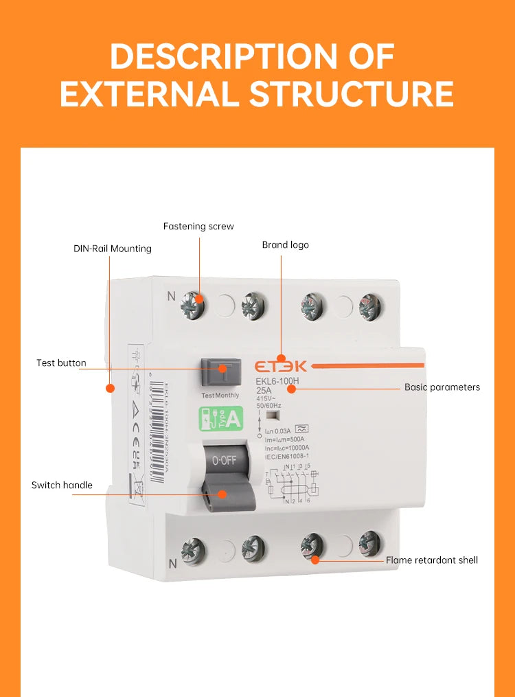 ETEK Type A RCD RCCB Electromechanic Residual Current Circuit Breaker 30ma 2 Pole10KA 3P+N 4P 40A DC 230V EKL6-100H