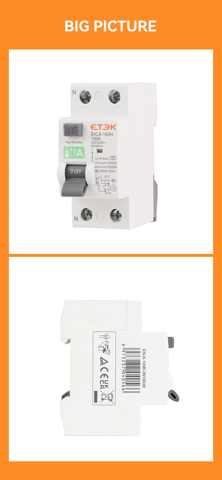 ETEK RCD RCCB Type A Electromechanic Residual Current Circuit Breaker A type 2Pole 10KA 25A 40A 63A 80A 100A 230V 30ma EKL6-100H