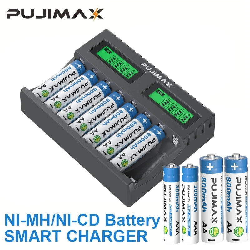 PUJIMAX 8 Slots Smart Battery Charger For 1.2V AA/AAA Ni-MH Rechargeable Batteries Independent Charging Battery Charger