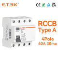 ETEK EKL6 30ma RCD RCCB 2 Pole Type A 10KA 3P+N 4P 40A DC 230V Electromechanic Residual Current Circuit Breaker Leakage Curren