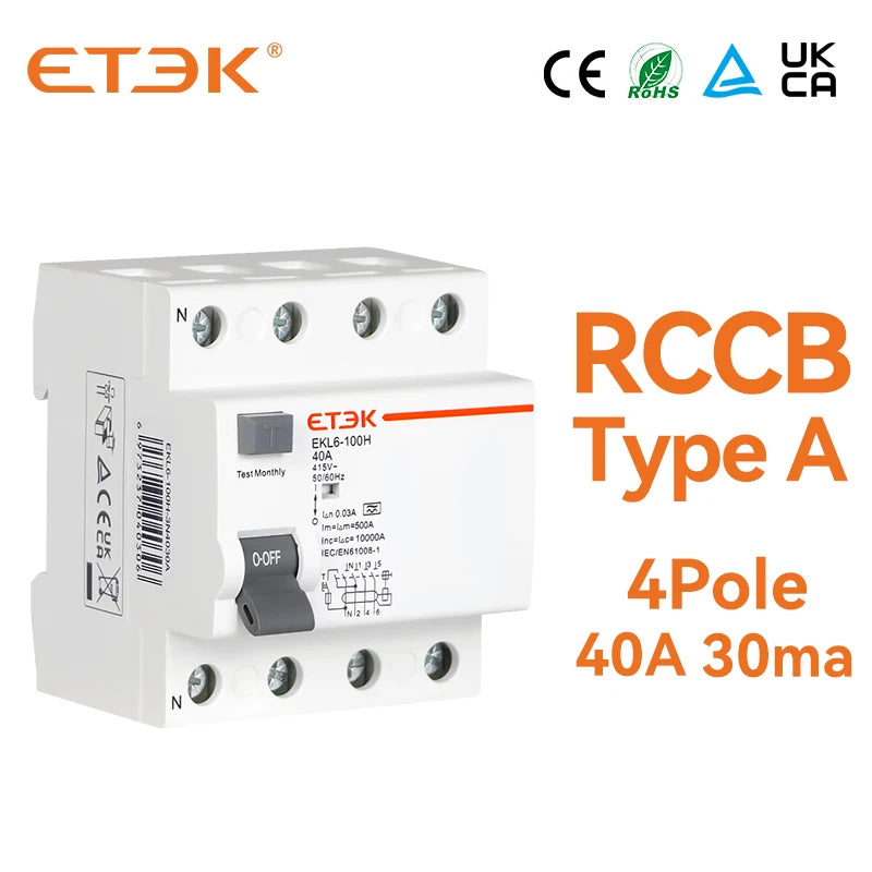 ETEK EKL6 30ma RCD RCCB 2 Pole Type A 10KA 3P+N 4P 40A DC 230V Electromechanic Residual Current Circuit Breaker Leakage Curren