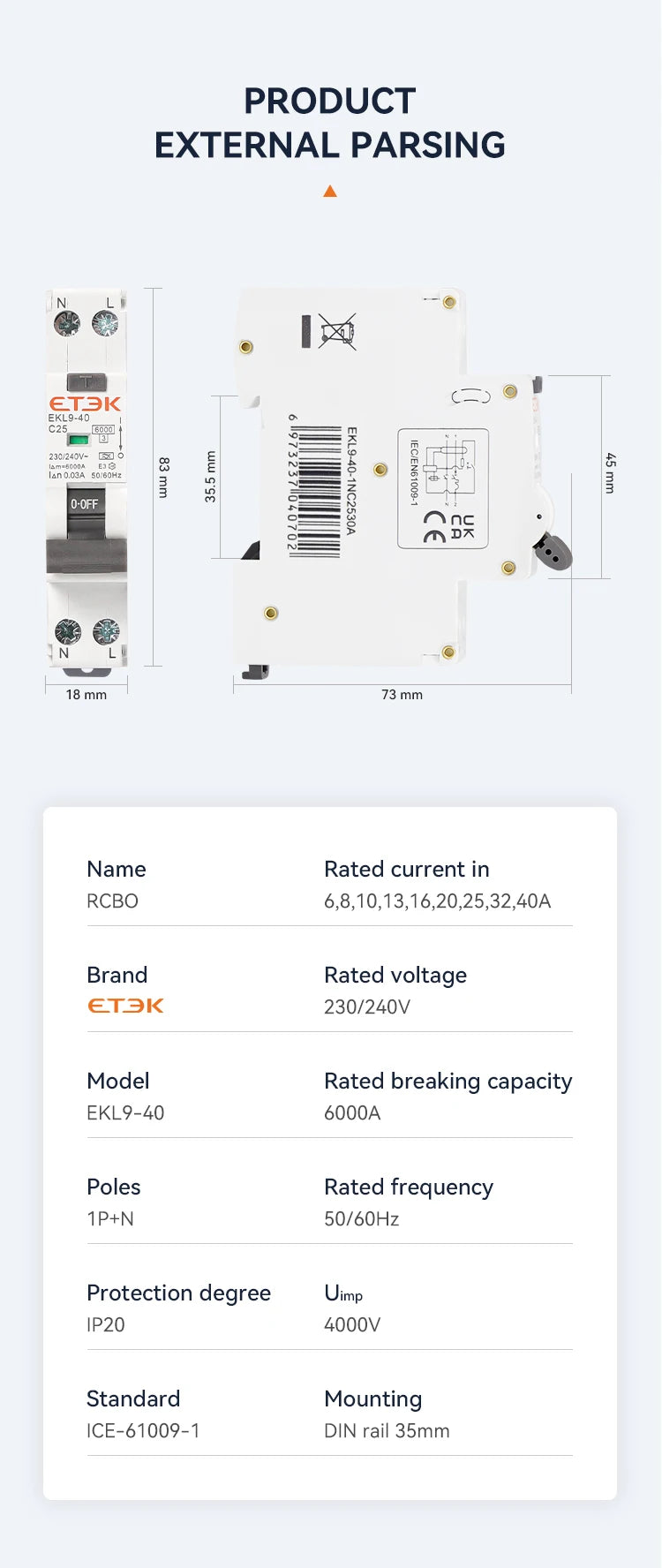 ETEK 6KA 1P+N 2P 10A 16A Curve B 30mA RCBO Type A Intrinsic Safety Residual Current Automatic Circuit Breaker  EKL9-40