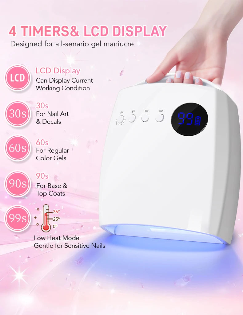 Rechargeable UV LED Nail Lamp 66W Lamp for Manicure with LCD Screen 4 Timer Settings Nail Art Manicure Tools for Home and Salon