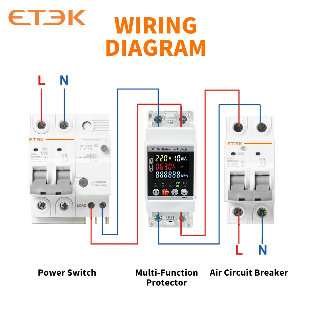 ETEK Smart Kwh Metering Circuit Breaker Adjustable 2P 63A 110V 220V with voltage Current and leakage protection Meter EKVAPS