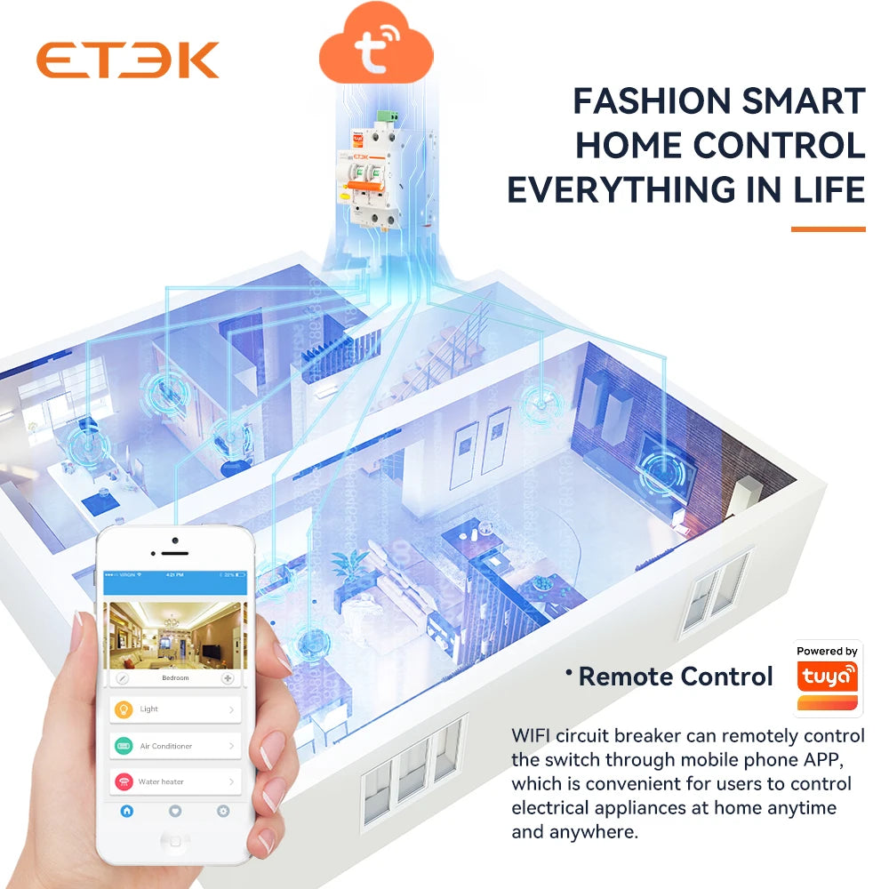 ETEK Tuya WIFI Smart Circuit Breaker MCB Smart Life Remote Control Short Circuit Protection Timed 2P 16A 25A 32A 40A 63A EKR3