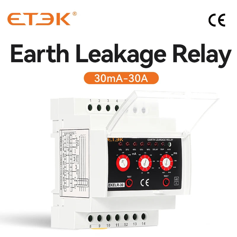 ETEK Earth Leakage Relay Adjustable Current Fault Protection AC Delay 30mA 30A 230V EKELR-30