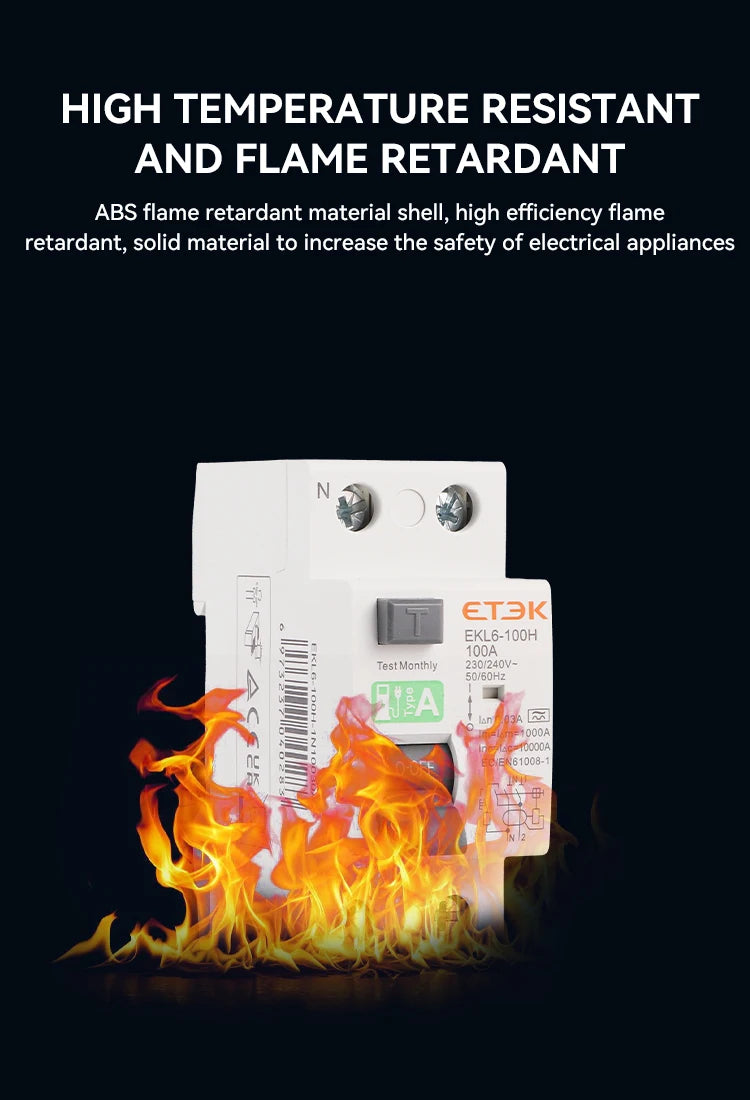 ETEK RCD RCCB Type A Electromechanic Residual Current Circuit Breaker A type 2Pole 10KA 25A 40A 63A 80A 100A 230V 30ma EKL6-100H