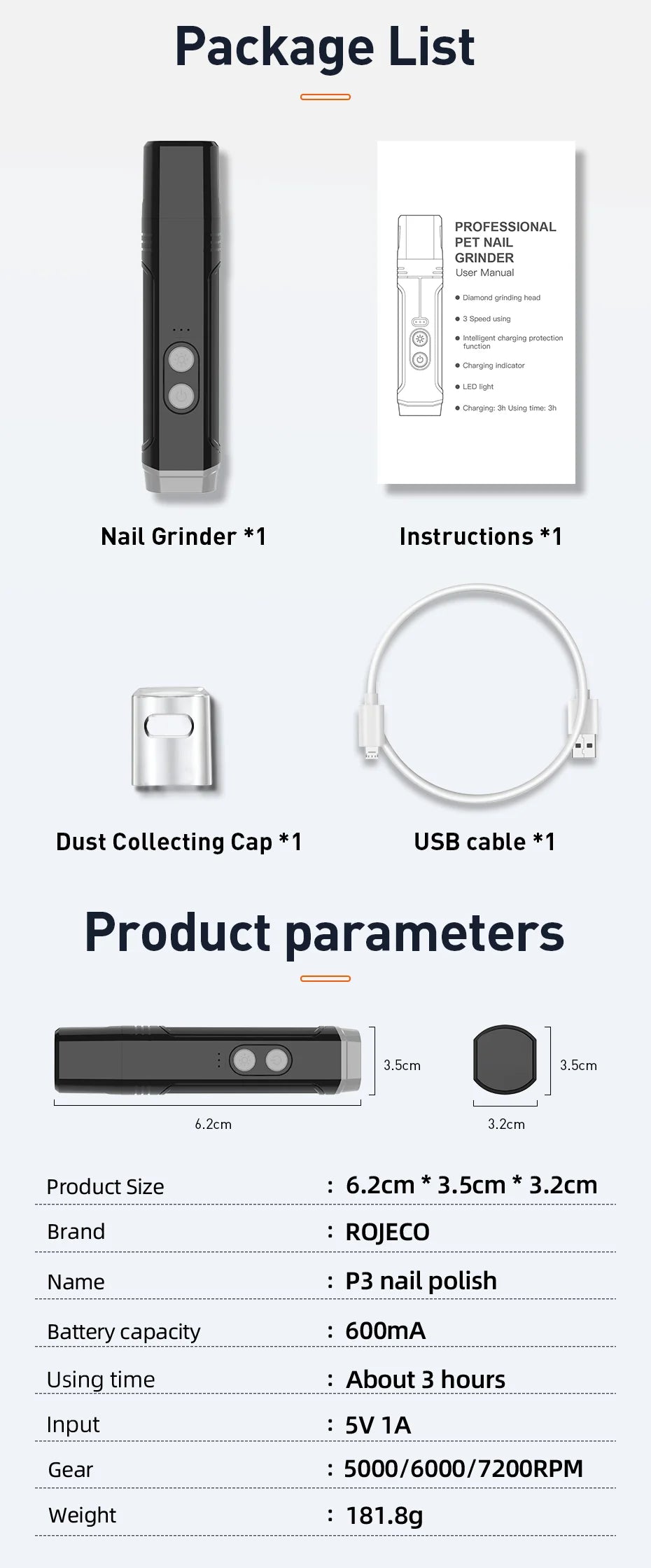 ROJECO P3 Electric Pet Nail Grinder Professional Dog Nail Clippers + 2 LED Light Rechargeable Cat Claw Nail Grooming Accessories