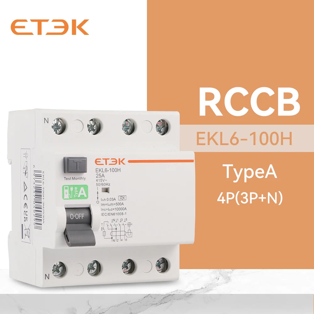ETEK Type A RCD RCCB Electromechanic Residual Current Circuit Breaker 30ma 2 Pole10KA 3P+N 4P 40A DC 230V EKL6-100H