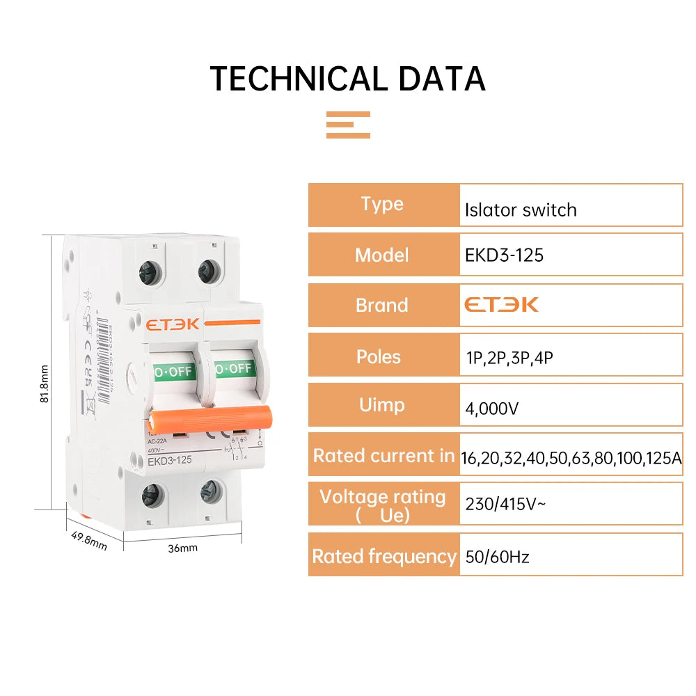 EKET Isolater Switch  AC type 125A Low Voltage 50Hz 1,2,3,4 pole 240/415V Miciature Isolater Switch EKD3