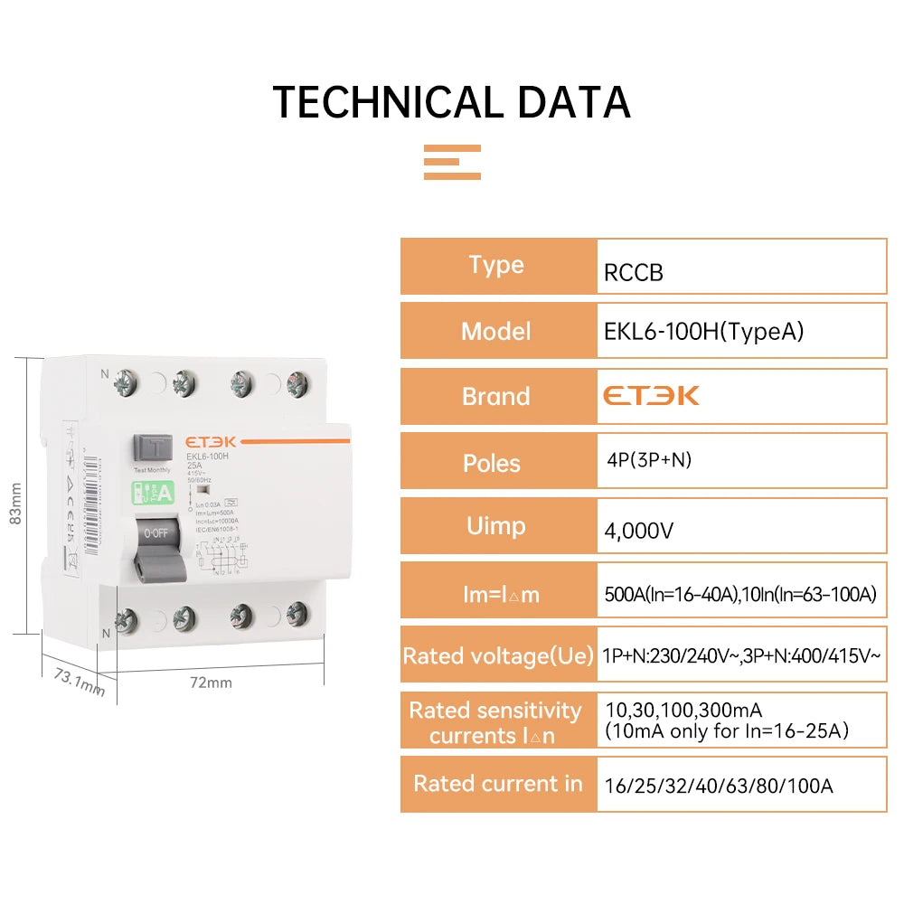 ETEK Type A RCD RCCB Electromechanic Residual Current Circuit Breaker 30ma 2 Pole10KA 3P+N 4P 40A DC 230V EKL6-100H