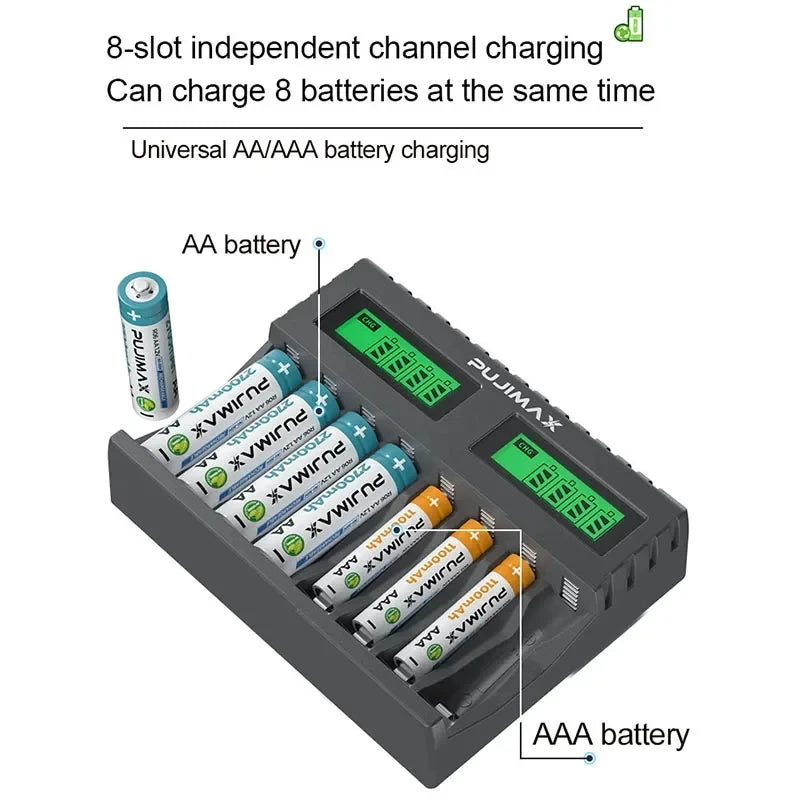 PUJIMAX 8 Slots Smart Battery Charger For 1.2V AA/AAA Ni-MH Rechargeable Batteries Independent Charging Battery Charger