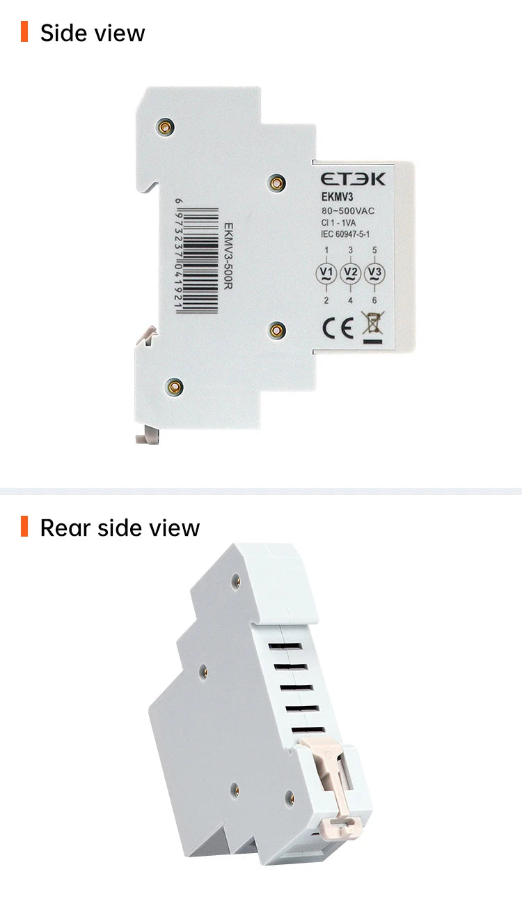 ETEK Modular Three Phase Voltage Meter Ac 220v 230v 380v 80-500V Din Rail Voltage Meter Indicator LED Display Detector EKMV3