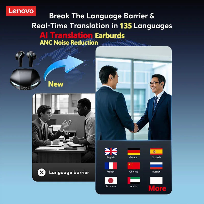 Lenovo XT53 AI Translation Earbuds Wireless Bluetooth 5.4 HD Voice Calls Noise Reduction Earphones Real-time Translation Headset