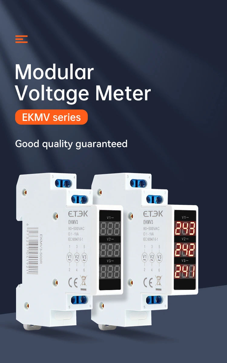 ETEK Modular Three Phase Voltage Meter Ac 220v 230v 380v 80-500V Din Rail Voltage Meter Indicator LED Display Detector EKMV3