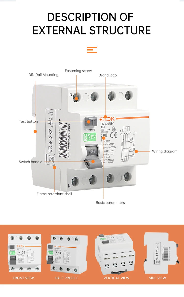 ETEK RCCB Type EV 2P 4P Earth Leakage Circuit Breakers for Car Evse Chargeing Station RCD 40A 63A 30ma EKL6-63EV 10KA Din Rail