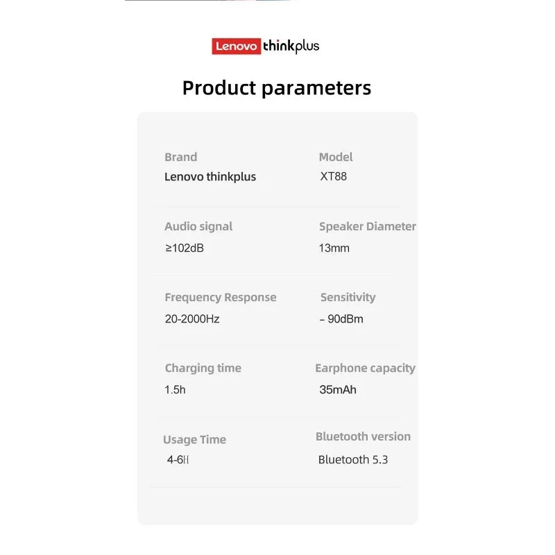 Lenovo Thinkplus XT88 True Wireless Earbuds Bluetooth 5.3, Low Latency Stereo Headphones with 12H Playtime, Metal Diaphragm