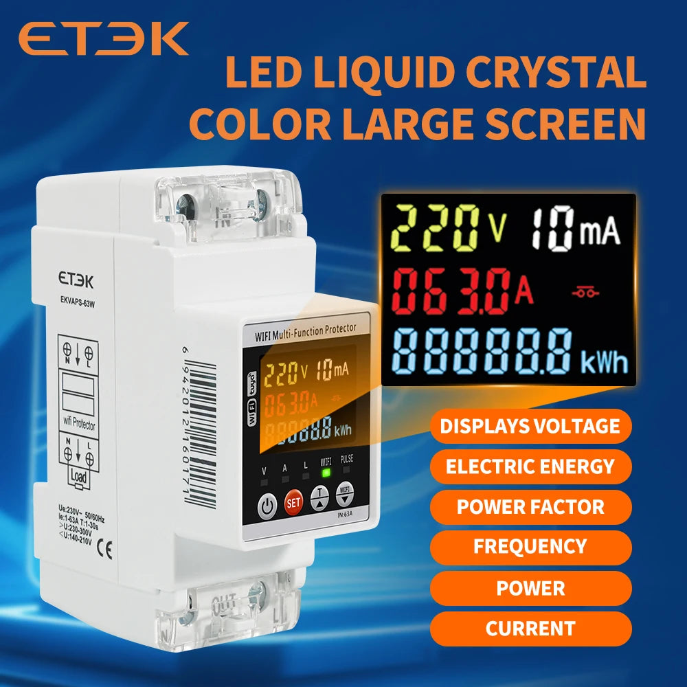 ETEK Smart Kwh Metering Circuit Breaker Adjustable 2P 63A 110V 220V with voltage Current and leakage protection Meter EKVAPS