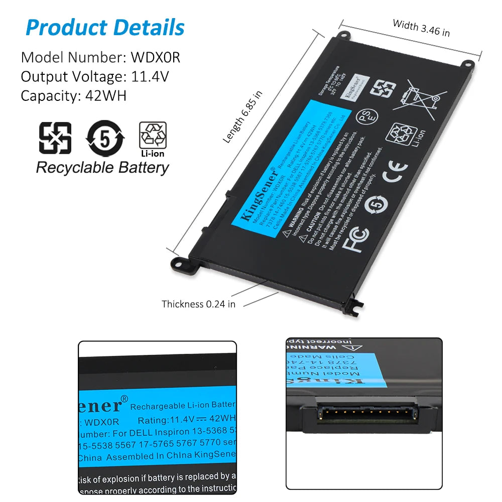 KingSener WDXOR Laptop Battery For DELL Inspiron 14 5368 5567 7560 5767 7472 7460-d1525s 7368 7378 5565 Latitude 3488 3580 WDX0R