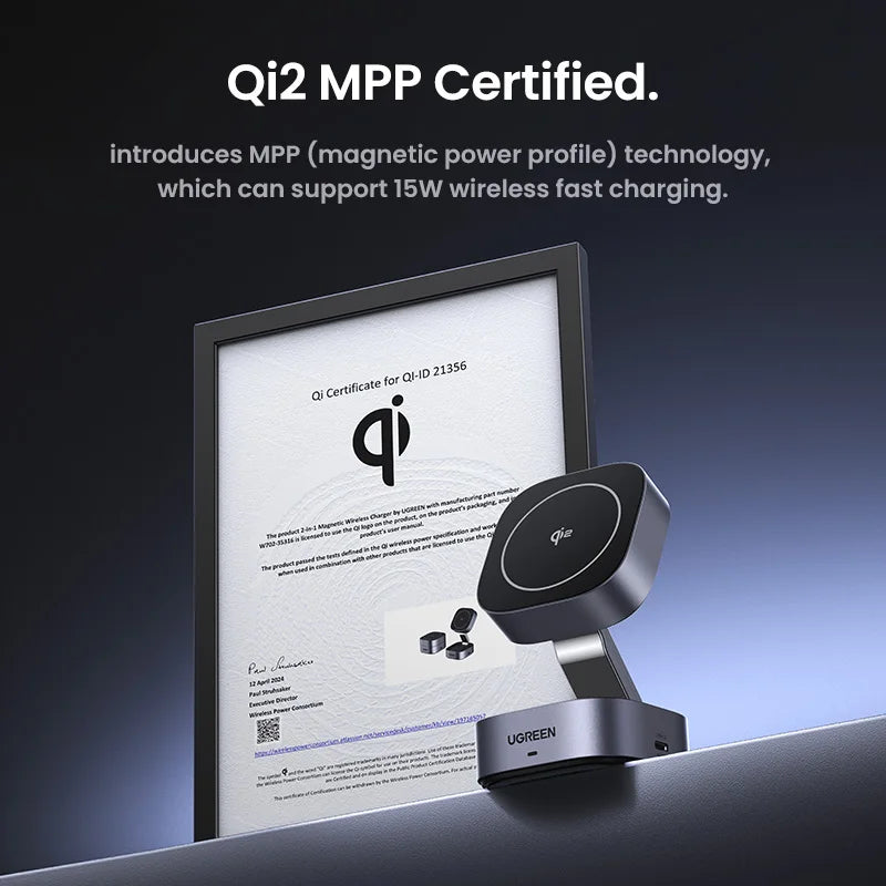 UGREEN Qi2/Qi Magnetic Wireless Charger Stand 15W 2-in-1 Charging Stand For iPhone 16 17 Pro Max/AirPods MagSafe Fast Charger