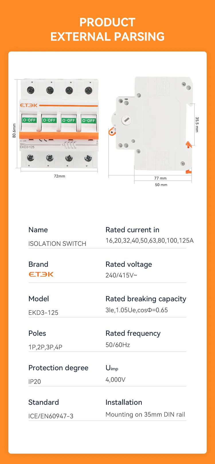 ETEK  Isolater Switch AC 125A Low Voltage 50Hz 1,2,3,4 pole 240/415V High Current Electrical Isolation Switch EKD3
