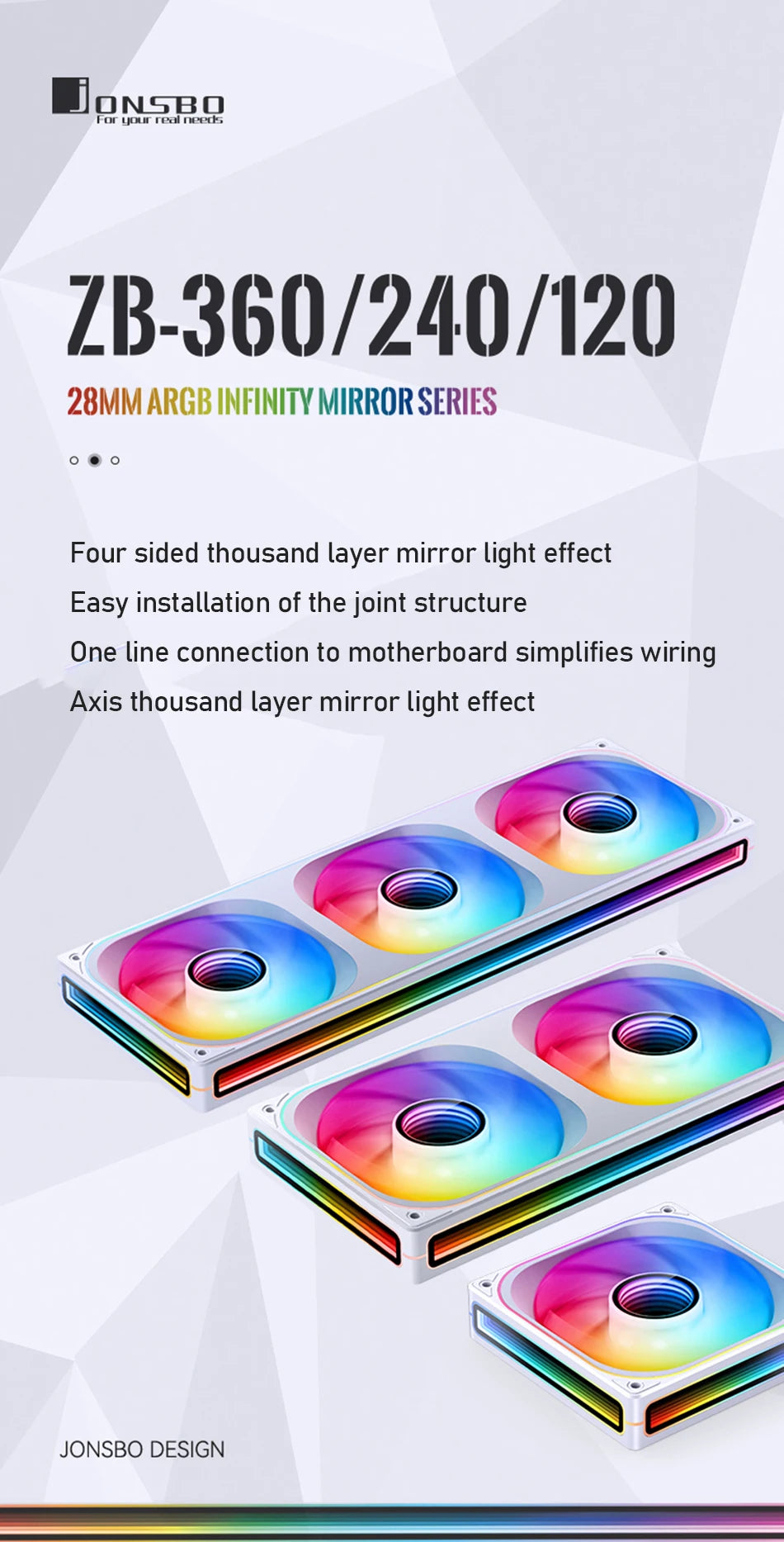 Jonsbo ZB-120/240/360 Combined Case Fan 360 Four Sided Thousand Layer Mirror 120mm PWM CPU Cooling Fan ZB-240BR ARGB Reverse Fan