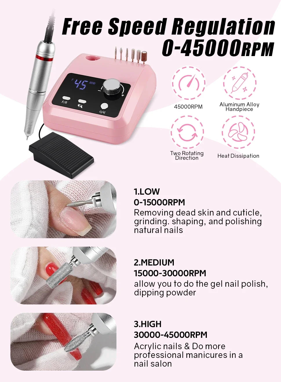 45000RPM Nail Drill Machine Professional Nail Lathe with Large LCD Screen 30W Smart Electric Manicure Polisher Nail Art Toools