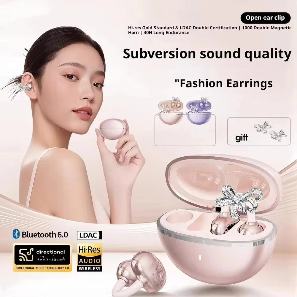 Lenovo Clip-on Earbuds Wireless Bluetooth For Sports Fitness Open Ear Headphones with Detachable Crystal Bowknot Earrings NEW