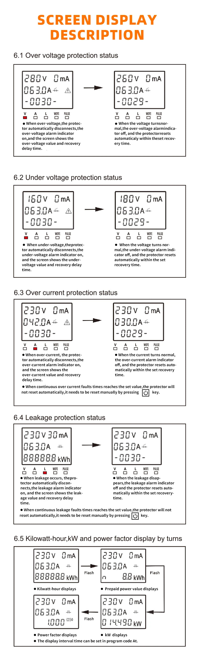 ETEK Smart Kwh Metering Circuit Breaker Adjustable 2P 63A 110V 220V with voltage Current and leakage protection Meter EKVAPS