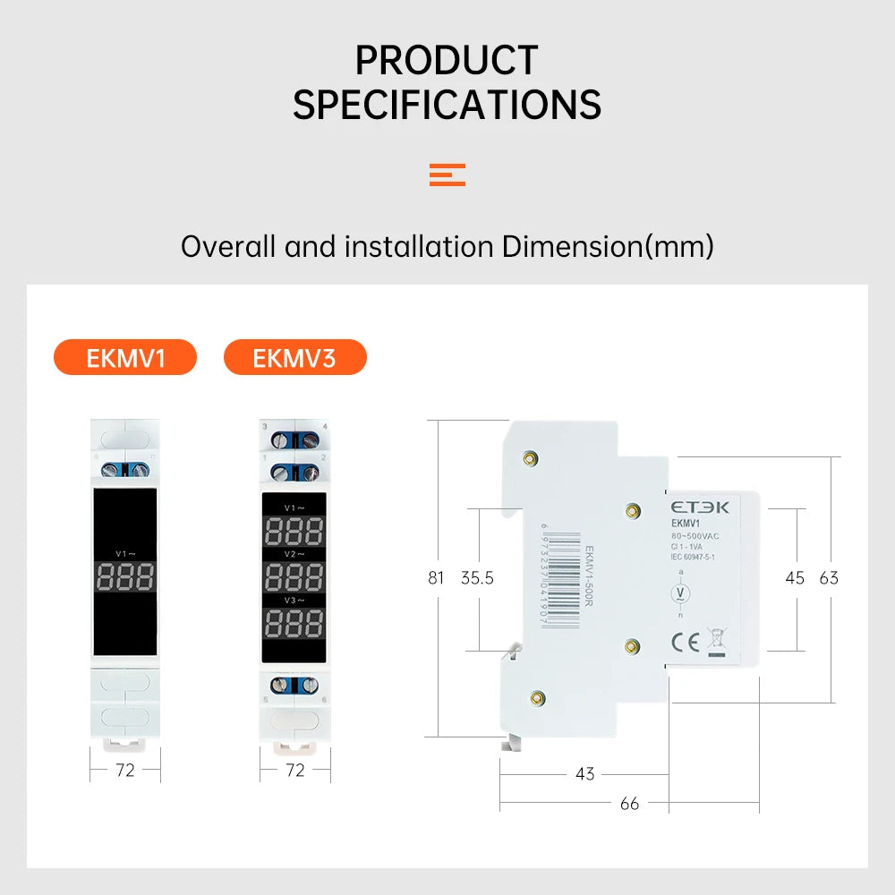 ETEK Modular Three Phase Voltage Meter Ac 220v 230v 380v 80-500V Din Rail Voltage Meter Indicator LED Display Detector EKMV3