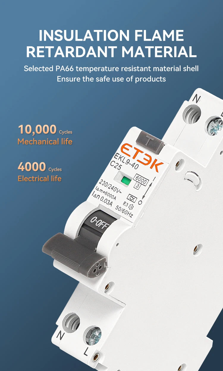 ETEK  A Type RCBO 2Pole 18mm Residual Automatic Circuit Breaker DPN With Over Current Leakage Protection 30mA EKL19