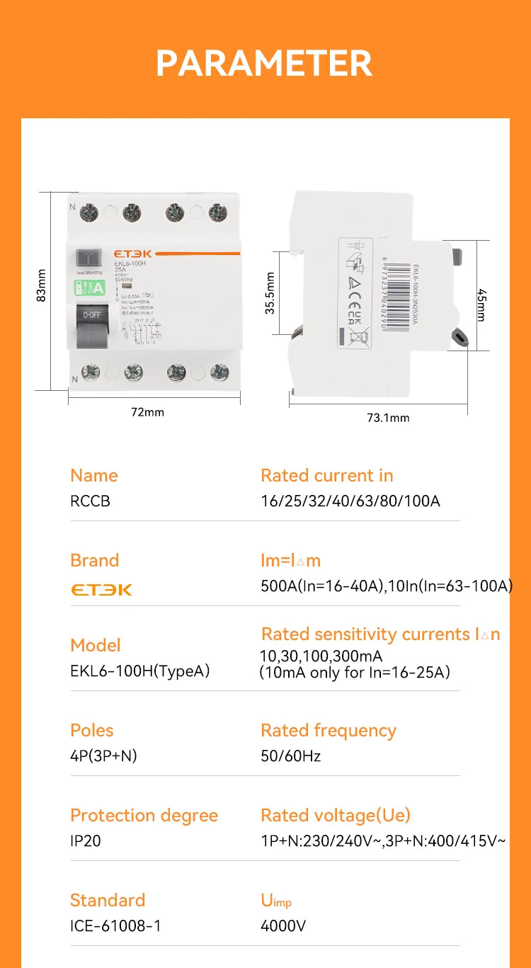ETEK Type A RCD RCCB Electromechanic Residual Current Circuit Breaker 30ma 2 Pole10KA 3P+N 4P 40A DC 230V EKL6-100H