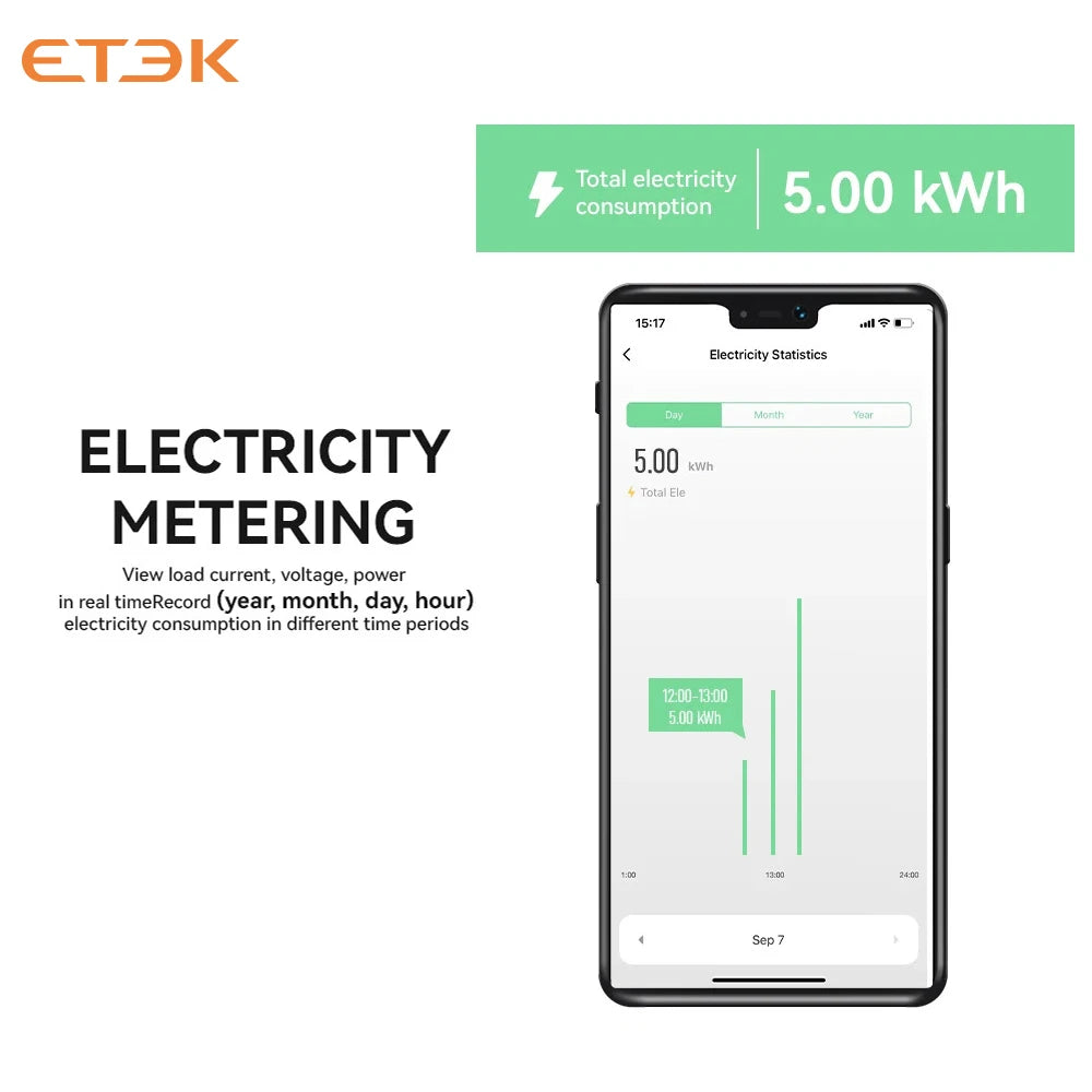 ETEK Tuya WiFi Smart Switch 1P+N 63A 90-300 Voltage Timer Power Energy kWh Voltage  Voice Remote Control Circuit Breaker