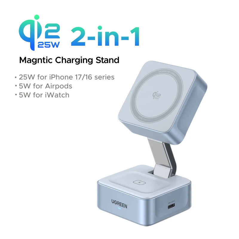 UGREEN Qi2/Qi Magnetic Wireless Charger Stand 15W 2-in-1 Charging Stand For iPhone 16 17 Pro Max/AirPods MagSafe Fast Charger