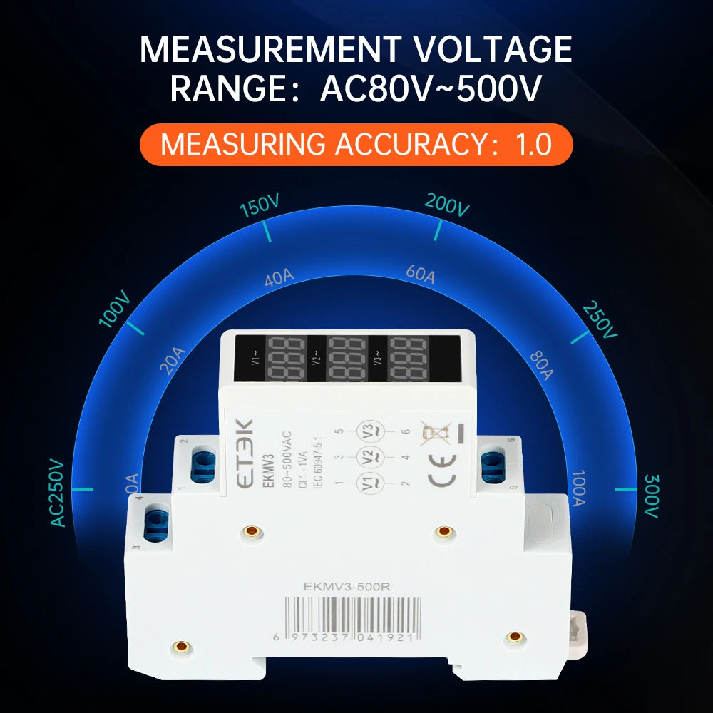 ETEK Modular Three Phase Voltage Meter Ac 220v 230v 380v 80-500V Din Rail Voltage Meter Indicator LED Display Detector EKMV3
