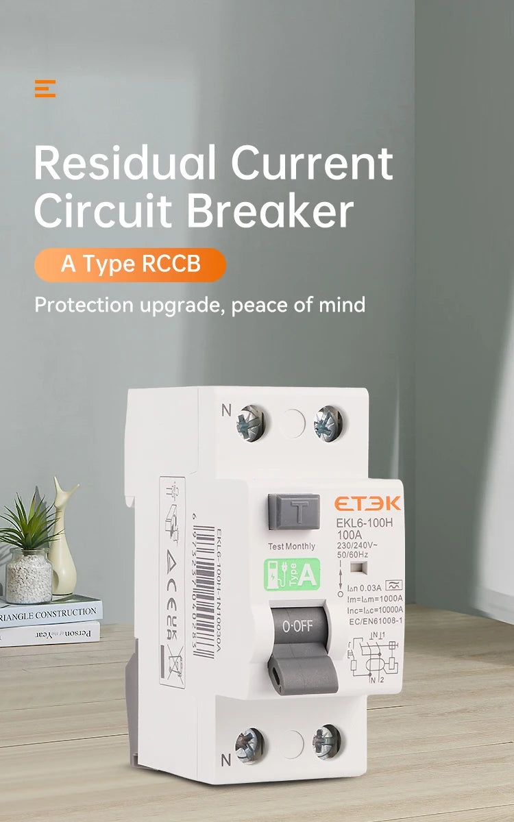 ETEK RCD RCCB Type A Electromechanic Residual Current Circuit Breaker A type 2Pole 10KA 25A 40A 63A 80A 100A 230V 30ma EKL6-100H