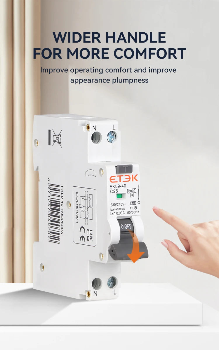 ETEK  A Type RCBO 2Pole 18mm Residual Automatic Circuit Breaker DPN With Over Current Leakage Protection 30mA EKL19
