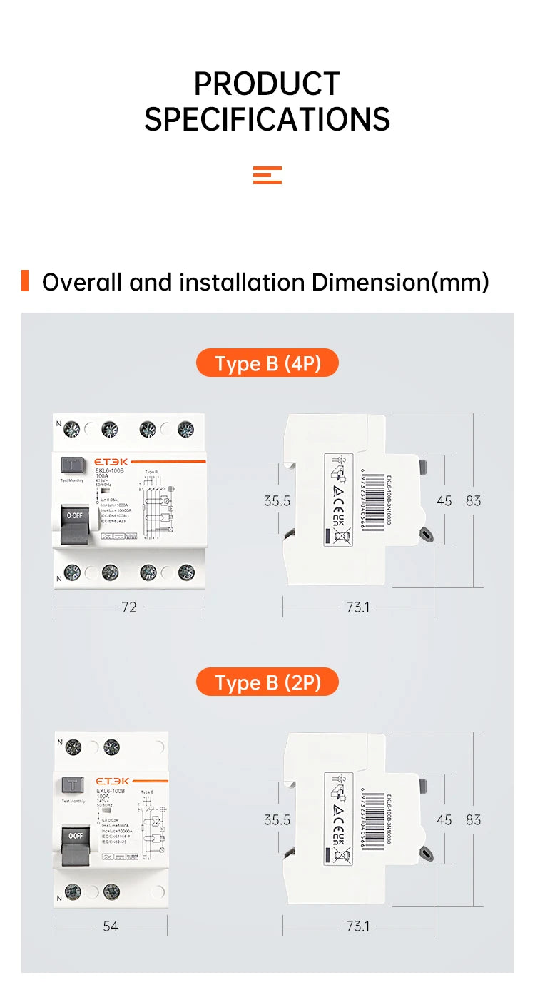 ETEK RCD RCCB Type B Earth Leakage Residual Current Circuit Breaker Evse 2P 4P 40a 63a 100a 30ma 300mA EKL6-100B Din Rail 220V