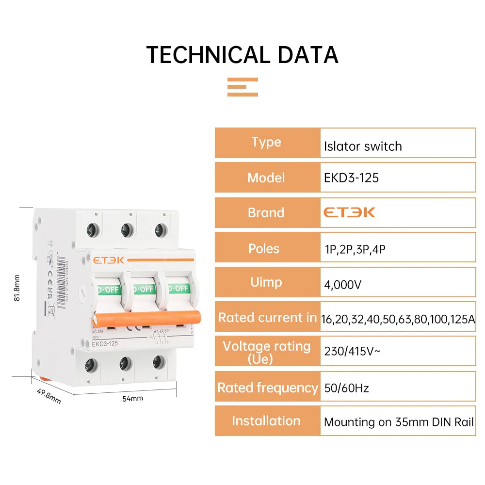 EKET Isolater Switch  AC type 125A Low Voltage 50Hz 1,2,3,4 pole 240/415V Miciature Isolater Switch EKD3