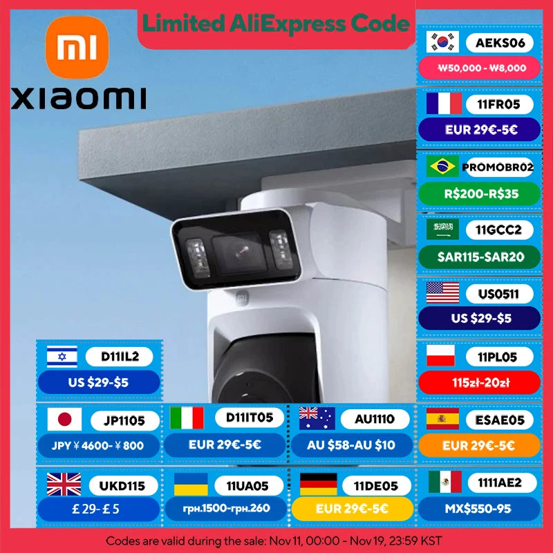 XIAOMI New Outdoor Camera 4 Dual Camera Version，360° 5MP 3K，Audible Visual Alarm，Two-Way Audio，IP66，Chinese Version With Adapter