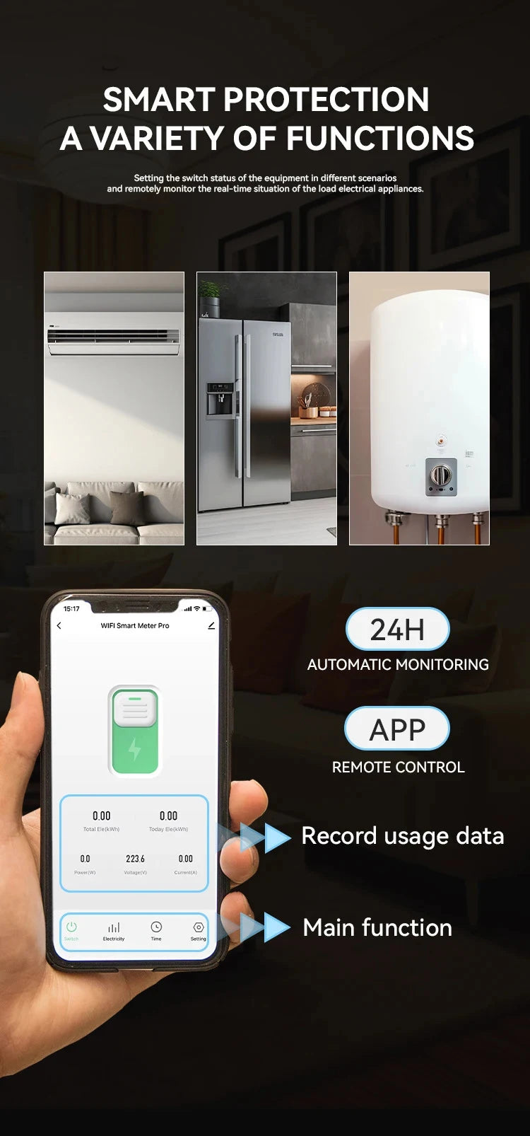 ETEK Tuya WiFi Smart Switch 1P+N 63A 90-300 Voltage Timer Power Energy kWh Voltage  Voice Remote Control Circuit Breaker